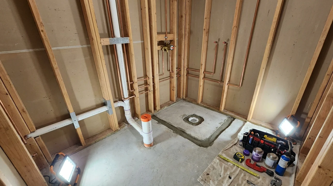 Bathroom rough-in plumbing during remodel by Johns Plumbing LLC in Fortville