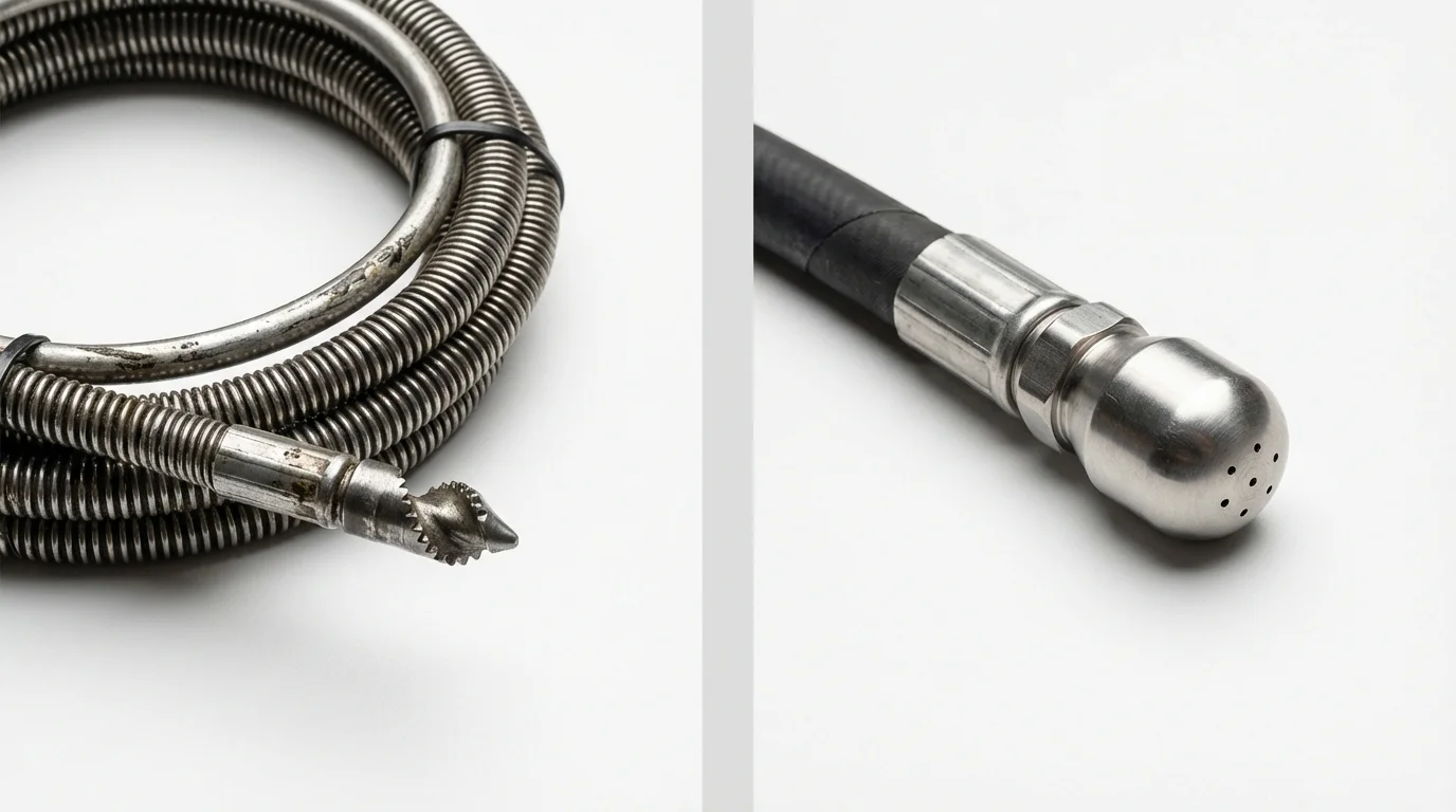 Drain snake cable and hydro jetting nozzle used for drain cleaning in Fortville, IN
