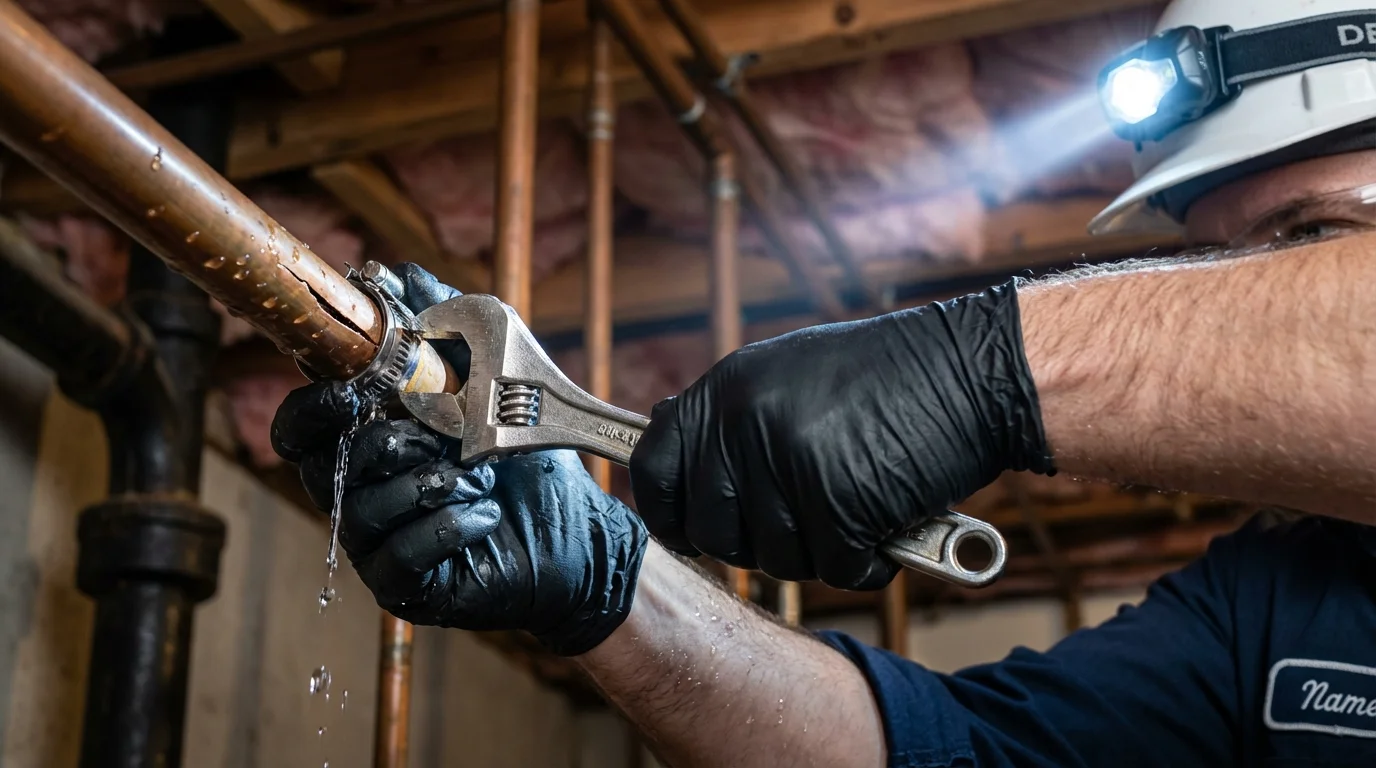 Emergency pipe clamp repair being performed by a Johns Plumbing LLC plumber in Fortville