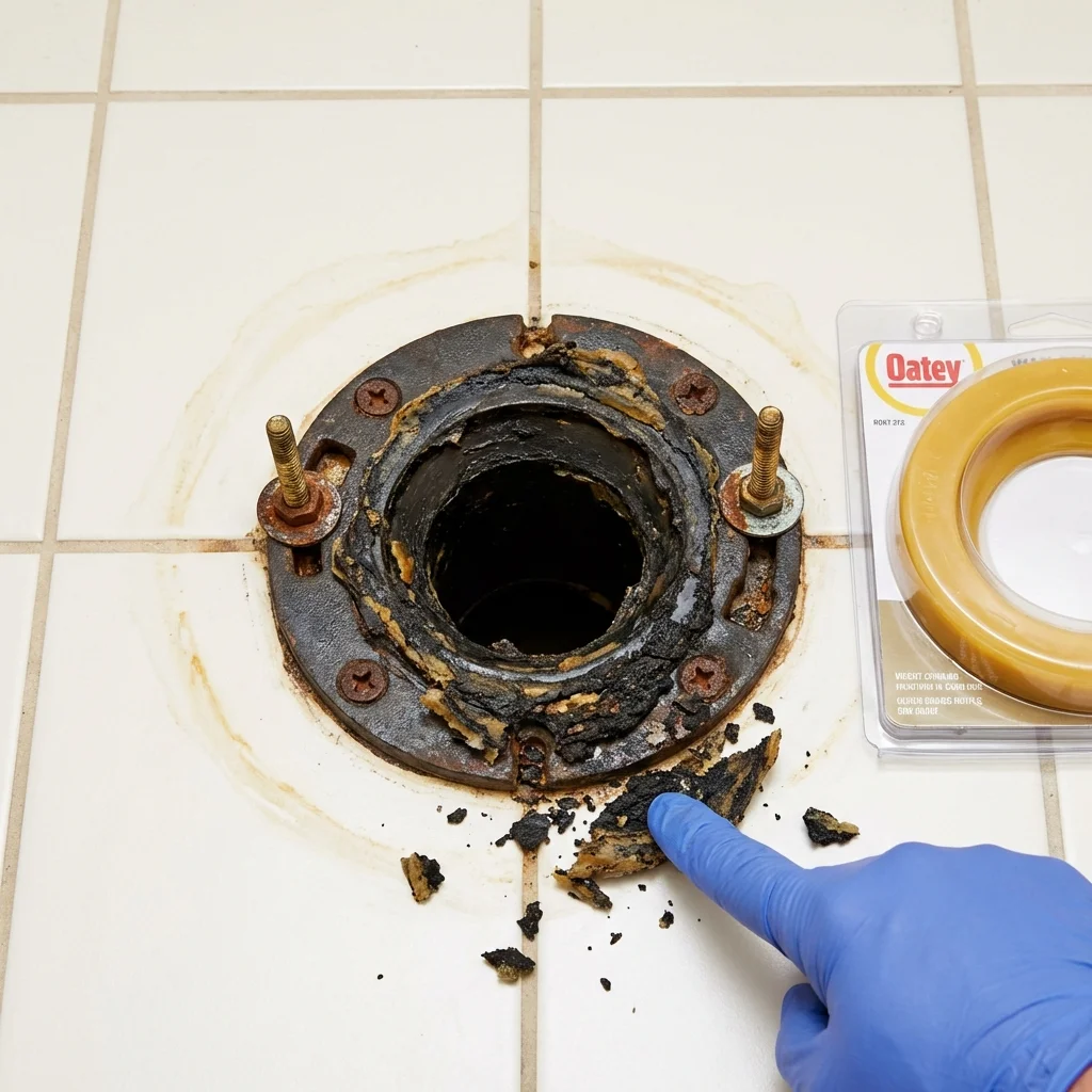 Failed wax ring showing water seepage at the base of a toilet in a Fortville, IN home