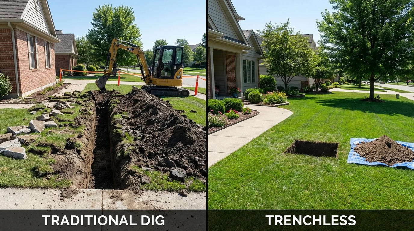 Trenchless sewer repair with minimal yard damage versus traditional excavation in Fortville, IN