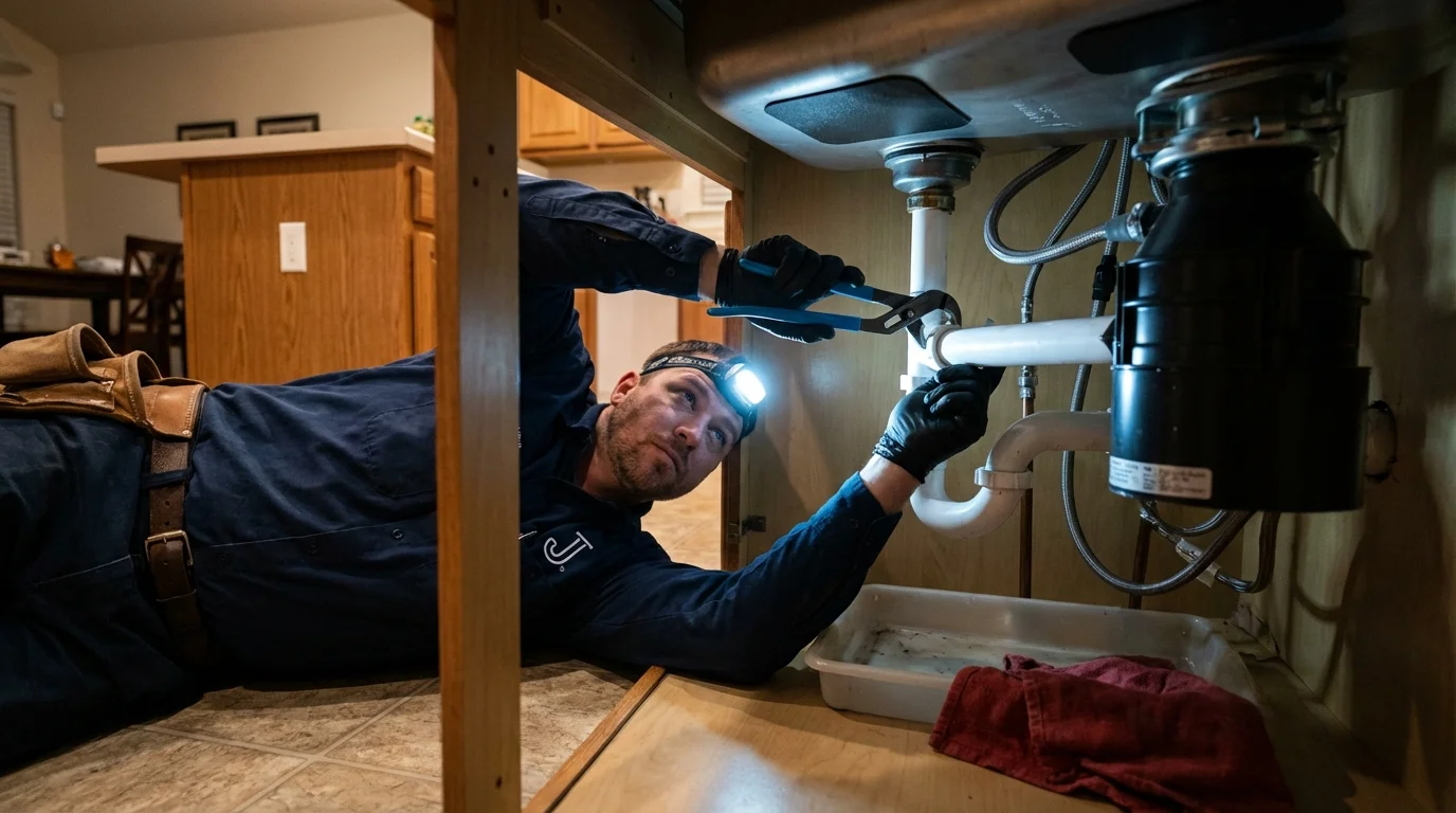 P-trap and supply line connections under a kitchen sink showing a common leak point in Fortville, IN